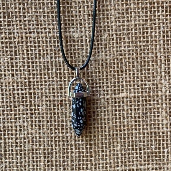 Snowflake Obsidian Crystal Healing Point Pendant Necklace Black Cord Chain 20" - Picture 3 of 8